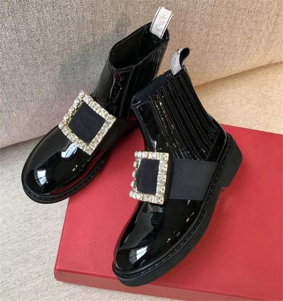 

2020 spring fashion ankle boots for women square buckle rhinestone boots ladies elastic flat motorcycle bootes shoes, Black