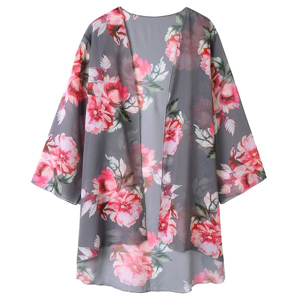 

women's chiffon cover-up summer holiday beach 3/4 batwing sleeve floral pattern irregular hem ladies coat, Black;brown