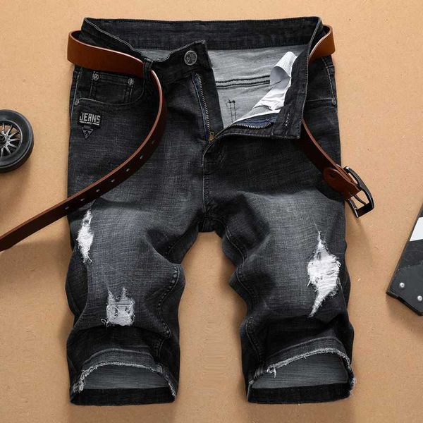 

2019 summer new men straighdenim shorts fashion trend leisure hole ripped jeans black elastic short male brand plus size 40 42, White;black