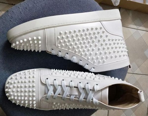 

2018 new mens casual shoes white leather with white spikes red bottom spikes high lace-up luxury new flats sneaker fashion d t05, Black