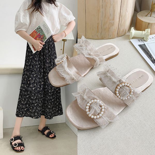 

заклепки плоские туфли женский дамский тапочки строка из бисера slipers женщины слайды 2020 мягкая ткань основные rubber моды, Black