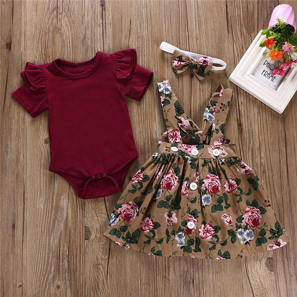 

summer baby girl kids clothes set short sleeve t-shirt strap printed dress+bows headband 3 pcs sets kids designer clothes girls jy342, White