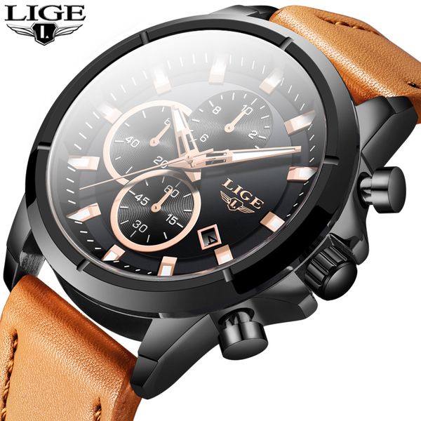 

watch men 2020lige new fashion mens watches big dial quartz watch leather waterproof sport chronograph, Slivery;brown