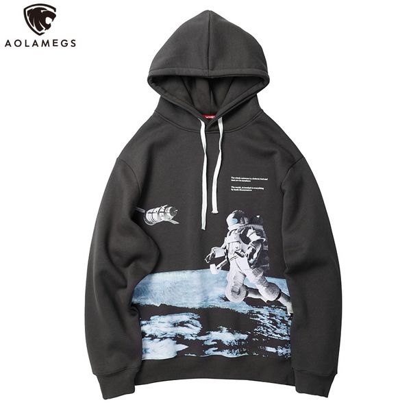 

aolamegs hoodies men funny planet printed men hooded thick pullover casual sweatshirt fleece high street streetwear autumn, Black