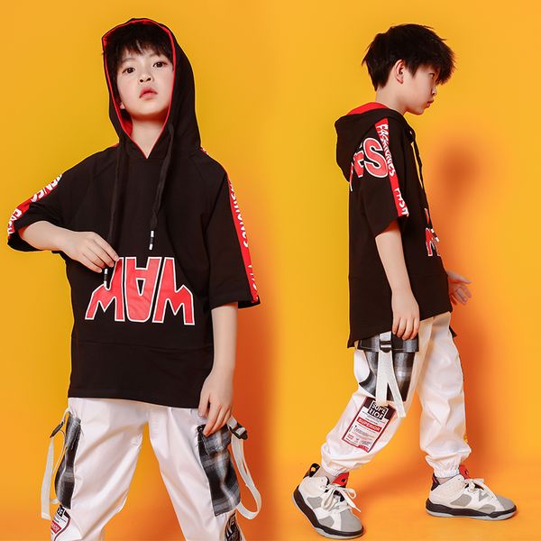 

children hip hop festival outfits hoodie sweatshirt pants clothing for girl boys jazz dance costume wear kids carnival clothes, Black;red