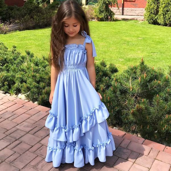 

blue a line bohemian flower girls dresses adjustable spaghetti strap ruffles toddler prom gown chiffon kids party dress, Red;yellow
