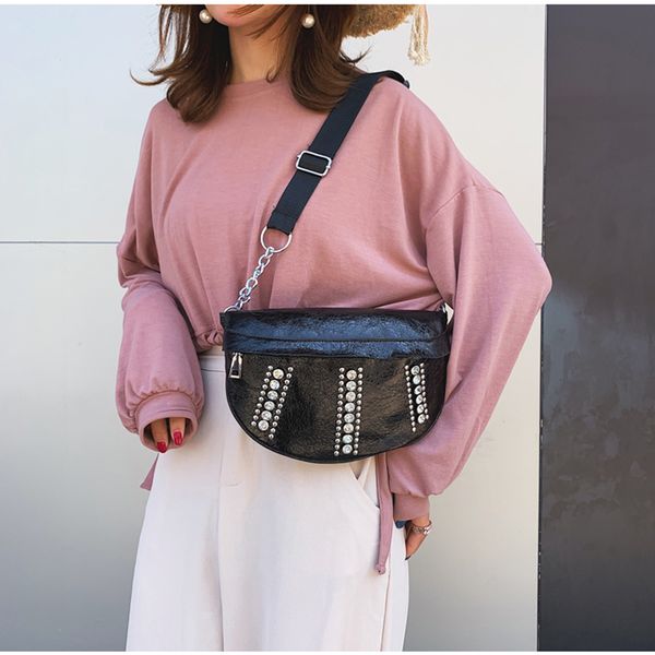 

hatcyggo leather waist fanny pack bum belt bag for women shoulder chest bags casual ladies diamond with chain shoulder pouch bag