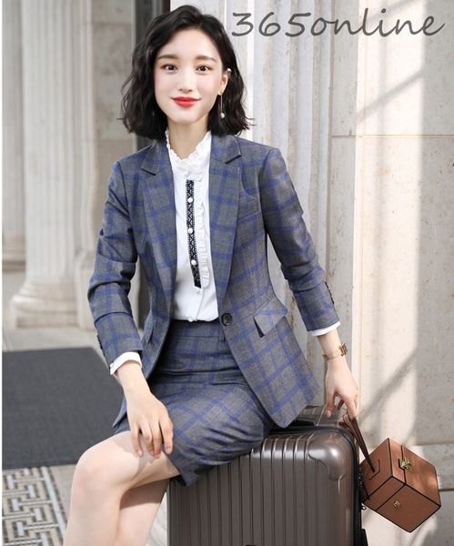

fabric elegant plaid autumn winter formal women business suits with skirt and ladies office styles blazers, White;black