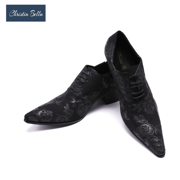 

christia bella handmade shoes men's fashion genuine leather oxford men's formal wedding party dress shoes flower men high heels, Black