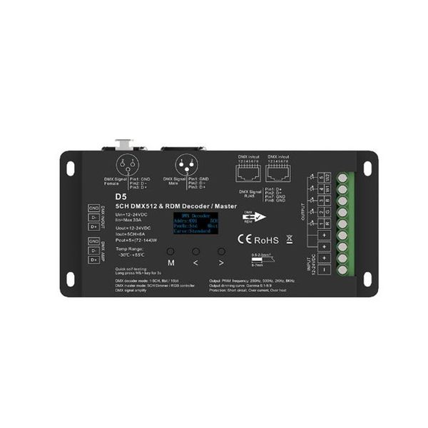 OLED 5CH*6A 12-24VDC CV Decoder DMX D5 Decoder/master DMX512 a 5 canali e RDM, XLR3, RJ45, interfaccia terminale verde