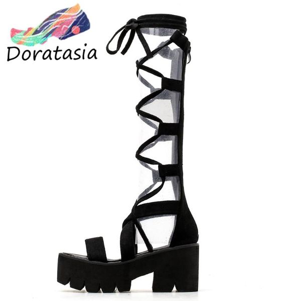 

doratasia women platform sewing chunky heel shoes 2020 sandals women fashion lace up gladiator sandals, Black