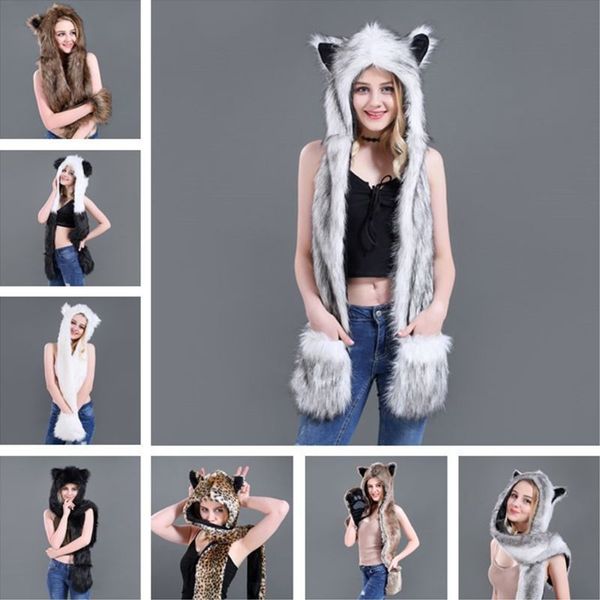 3 in 1 Frauen Männer Flauschige Plüschtier Wolf Leopard Kapuze Schal Hut mit Pfoten Fäustlinge Handschuhe verdicken Winter Warm Earflap Bomber Cap 210203