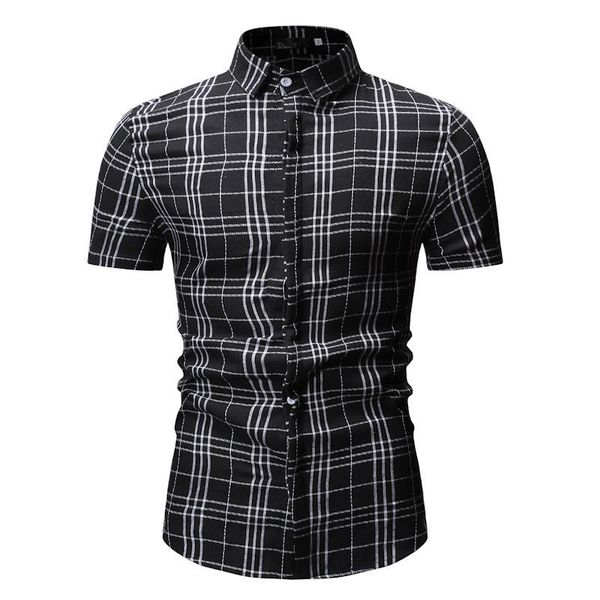 

2019 summer plaid men's casual shirt fashion black gray plaid short sleeve breathable office dress shirts men camisa masculina, White;black