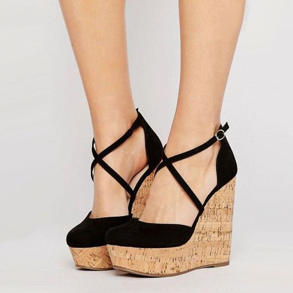 

size 35-42 ladies pumps 15cm heel black platform pumps wedges shoes fashion cross strappy high heels shoes summer womens heels