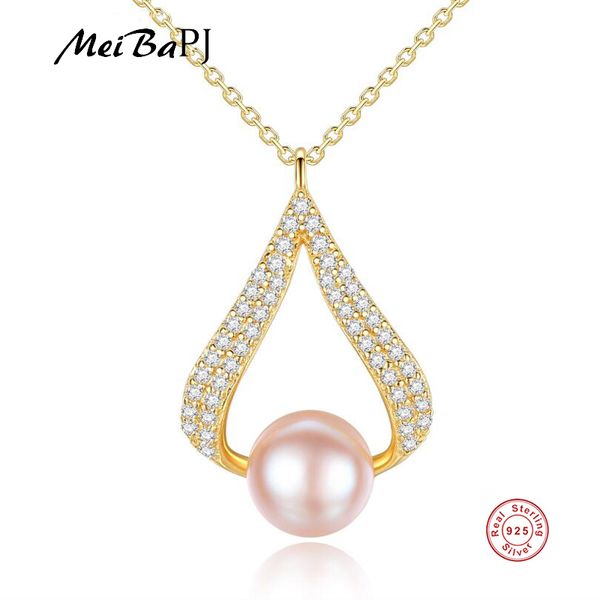 

meibapj]real freshwater pearl simple golden pendant necklace 925 solid silver wing fine jewelry for women