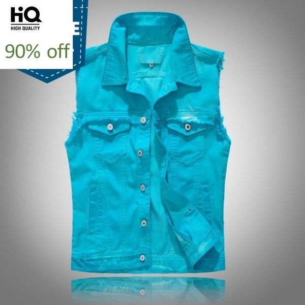 

2020 slim fit fashions men denim vest personalized frayed tassel sleeveless jacket single breasted casual cowboy biker vest 2xl, Black;white