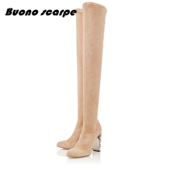 

buonoscarpe 2019 new round toe sheep suede over knee boots zipper black apricot crystal thick high heel women's riding boots