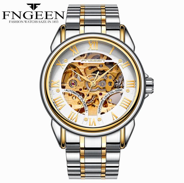 

automatic watch mechanical wristwatch hollowed luxury men business stainless steel watch gold montre homme, Slivery;brown