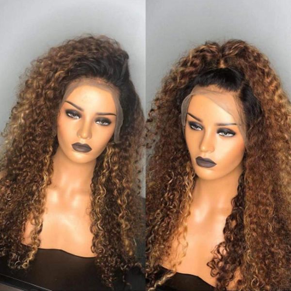 

full lace deep part ombre curly blonde human hair wigs dark root 180 density lace front brazilian remy hair wigs middle ratio, Black;brown
