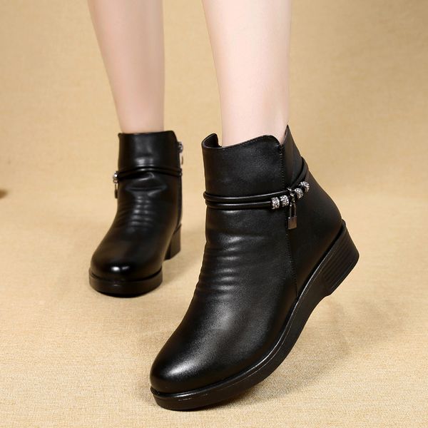 

women's leather boots booties ladies low heels booties round toe boots-women shoes woman winter shoes zipper mid calf rubber, Black