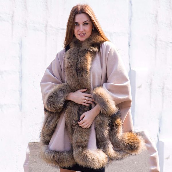 

2019 bffur real fox fur collar woolen blends outfit fshiona women's cape luxurious capes female winter fashion slim shawl, Black