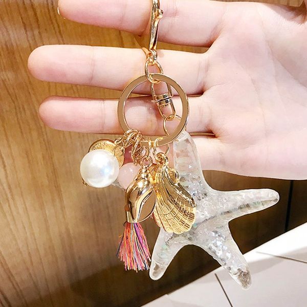 

new sweet sea starfish pearl shell keychain keyrings for women bag car crystal key chains, Silver