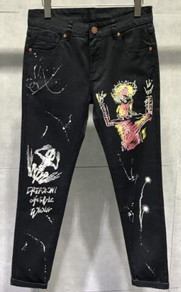 

men's europe the united states fashion han version of the new trend slimming personality painted patterns straight tube denim trousers, Blue