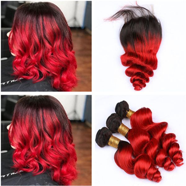 Preto a vermelho Ombre solto onda cabelo humano tece com fechamento 3 pacotes # 1B / vermelho Ombre solto Wavy malaio tramas do cabelo humano com fechamento