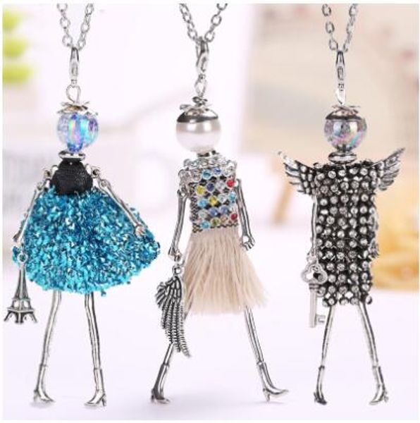 

doll cute women pendant necklace many colors long chain handmade girls fashion jewelry rhinestone collier femme, Silver