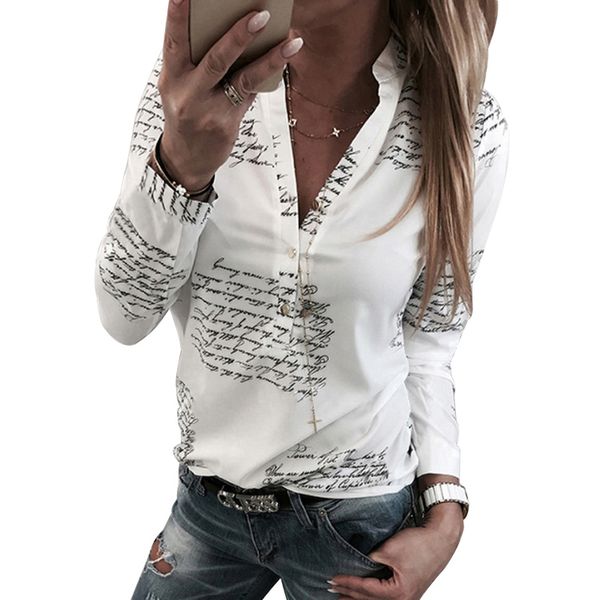 

женщины блузка женская топы кнопка мода женщины блузы письмо печати женский кнопки с длинным рукавом женщин топы и женщин элегантный top, White