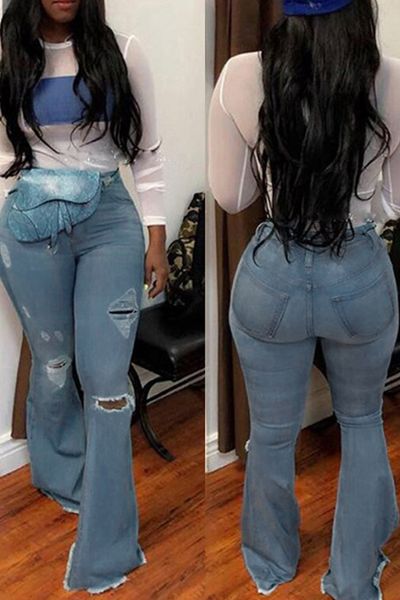 

trumpet-shaped broken holes jeans, Blue