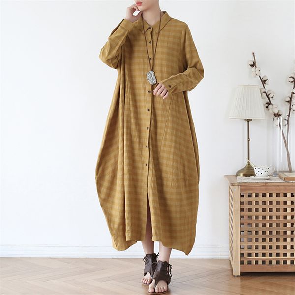 

qpfjqd женщины plaid свободные рубашки платья хлопка белье кнопка 2020 осень лето сыпучие вскользь женщин ретро длинные одежды платье, Black;gray