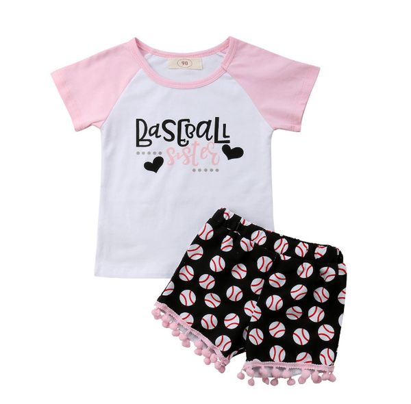 

toddler baby girl outfits clothes baseball sister print short sleeve t-shirt + tassel floral short pant set, White