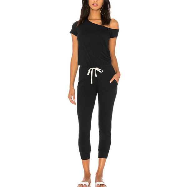 

2019 one off shoulder short sleeve slim casual jumpsuit women summer tunic women's overalls pockets black grey playsuits, Black;white