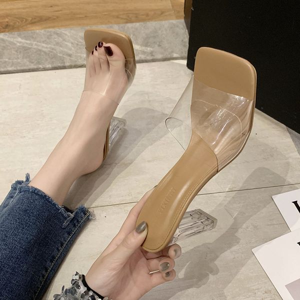 

high-heeled shoes lady ladies' slippers transparent heel glitter slides slipers women heels summer square jelly 2020 soft sexy, Black