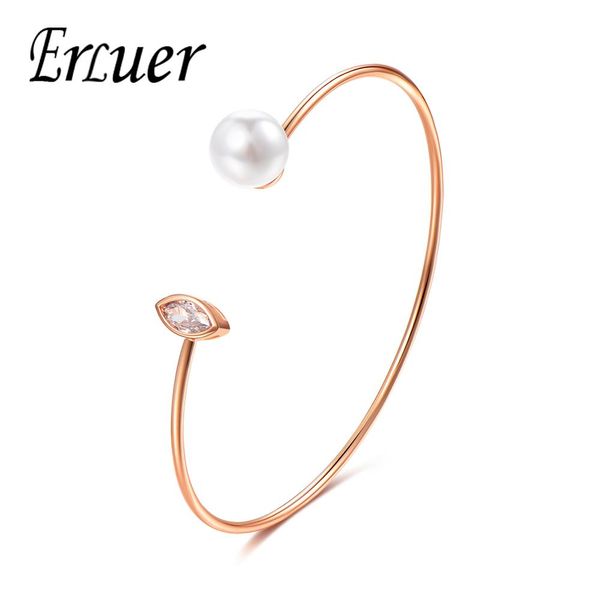 

erluer imitation pearl bracelet for women korea fashion rose gold cuff adjustable jewelry crystal zircon wedding party bangle, Black