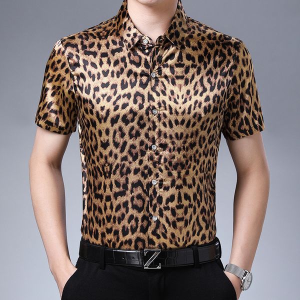 

leopard print shirts mens 2020 fashion shirts silk men button down mens summer plus size clothing social club party dress, White;black