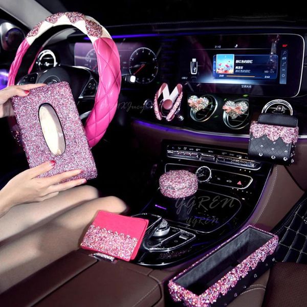 Pink Ornaments Series Crystal Car Steering Wheel Cover For Girls Car Accessories Ladies Bling Rhinestone Set Interior Auto Accessories Interior Auto
