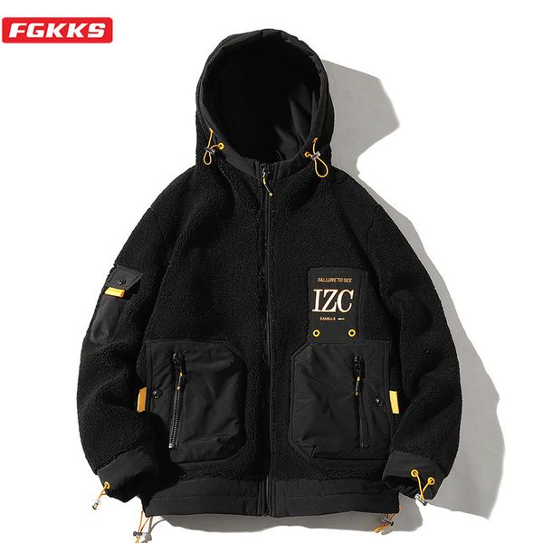 

fgkks fashion men jackets plush hooded personality pocket men's jacket coats brand warm tooling style winter thick jackets male, Black;brown