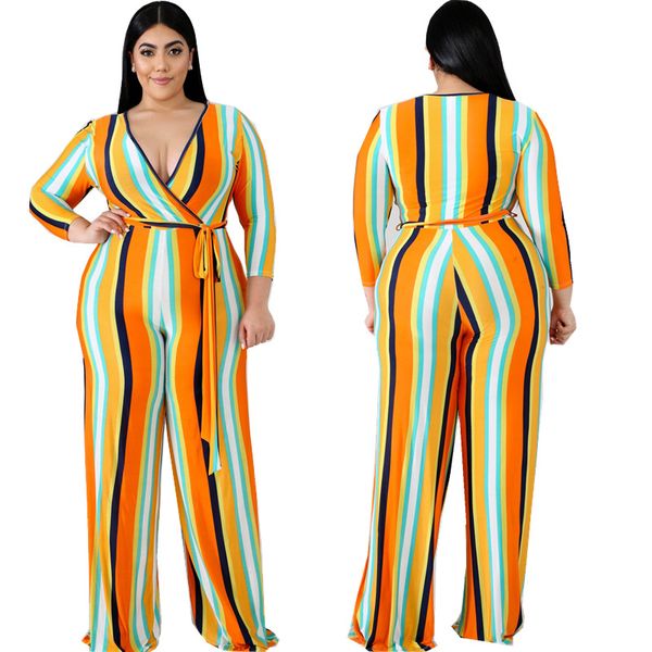 

autumn women's clothing striped jumpsuit long sleeve v-neck jumpsuit with lacing loose flare pants comfortable plus size, Black;white