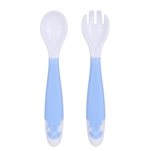 

2pcs baby bendable silicon spoon & fork set smooth edge angle of bend convenient for toddlers infants kids learn to safe feeding