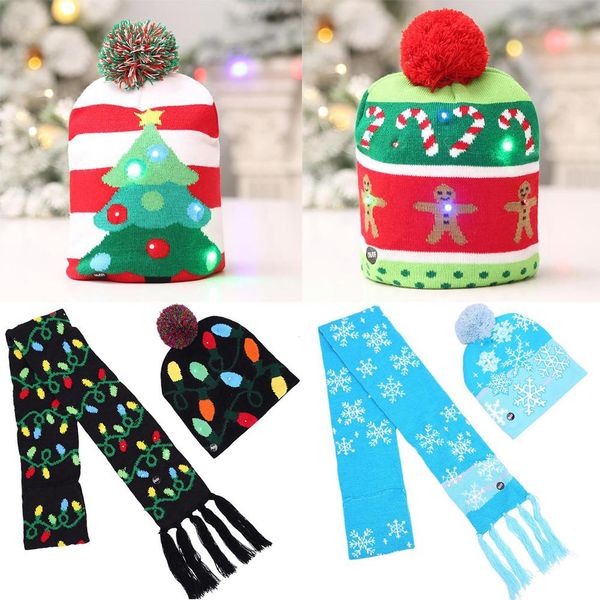 

2020 new year children lovely christmas party led light beanie hat warm sweater knitted cap scarf set gift for kid adult, Blue;gray