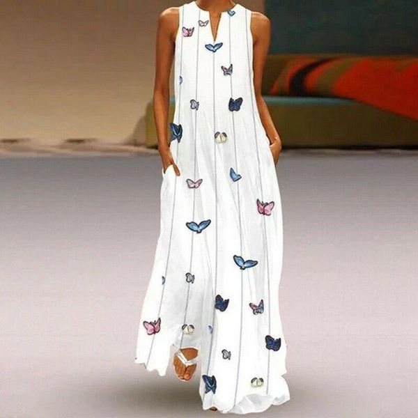 

women dress vintage daily casual sleeveless cotton-blend printed floral summer dress v-neck ankle-length long ladies, Black;gray