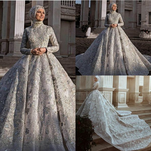 

ball gown wedding dresses high-neck long sleeves beaded lace appliqued sequins bridal gown ruffle court train custom made robes de mariÃ©e, White
