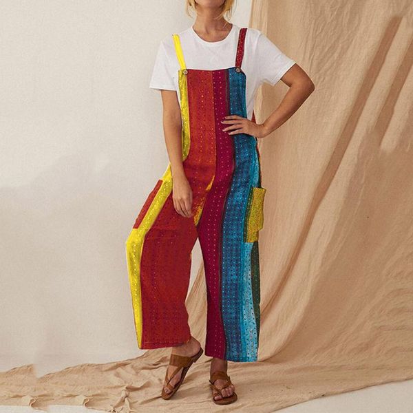 

vintage jumpsuit women summer loose sleeveless romper female spaghetti-strap colorful striped wide leg playsuits overalls ju4, Black;white