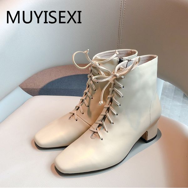 

ankle boots zipper 4.5cm square heels cross-tied solid color office ladies women shoes genuine leather plus size fld08 muyisexi, Black