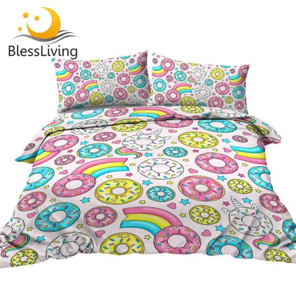 

blessliving donut unicorn bedding set  dessert comforter cover rainbow girls bedclothes colorful bedlinen set 3-piece
