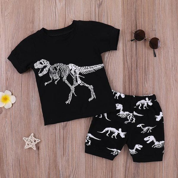 

fashion 2pcs set toddler kid baby boys short-sleeved dinosaur skull bone cartoon print summer t-shirt shorts pants outfits, White