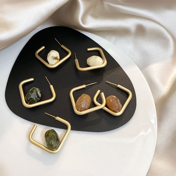 

srcoi gold color metal square acrylic irregular stone hoop open earrings 2019 personality temperament earrings for women party, Golden;silver