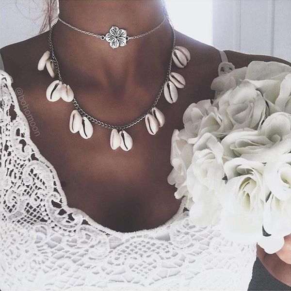 

boho lady double layers tassel choker chain necklace rose shell pendant jewelry, Silver